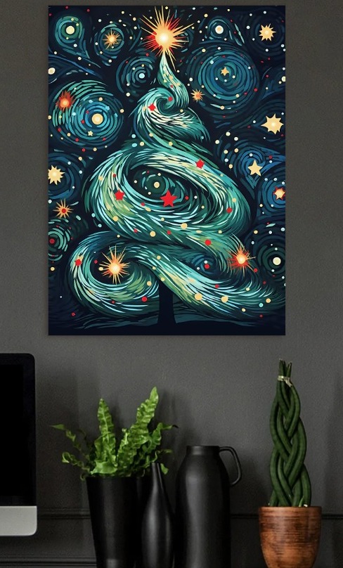Starry Night Christmas Tree — metal poster wall art by Lineer